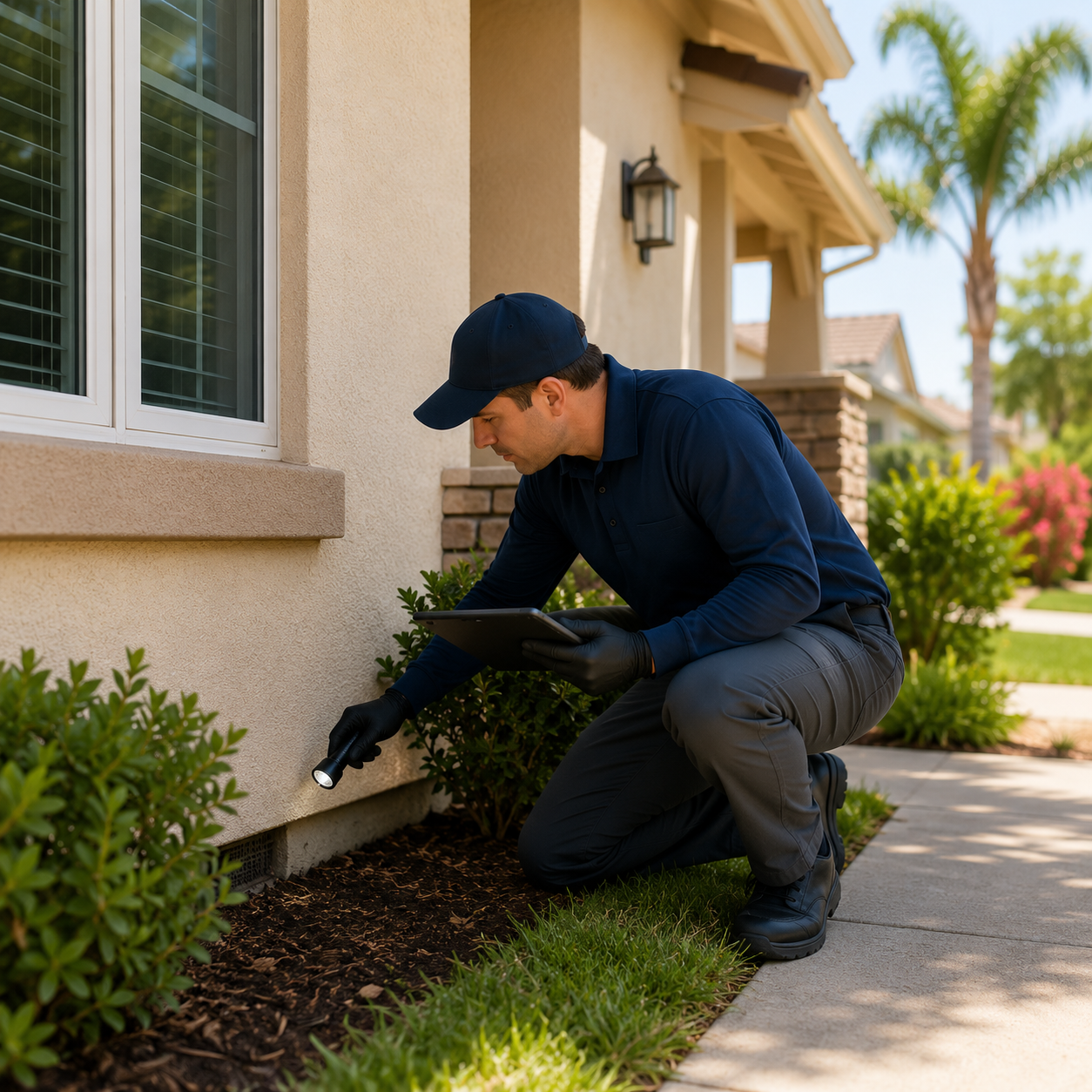 Pest control technician inspecting the exterior of a Temecula home