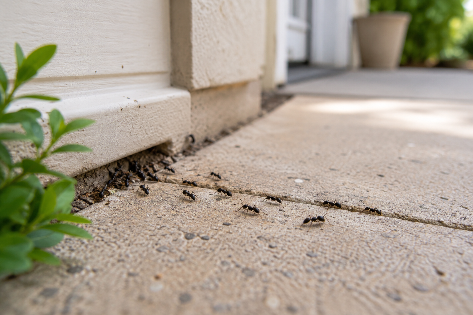 Ants entering a Temecula home near an exterior foundation crack